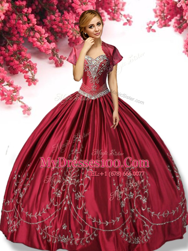High Quality Wine Red Taffeta Lace Up Sweetheart Sleeveless Floor Length Quince Ball Gowns Embroidery