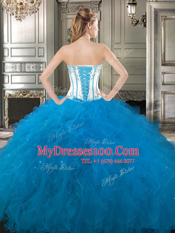 Three Piece Baby Blue Ball Gowns Tulle Sweetheart Sleeveless Embroidery and Ruffles Floor Length Lace Up Ball Gown Prom Dress