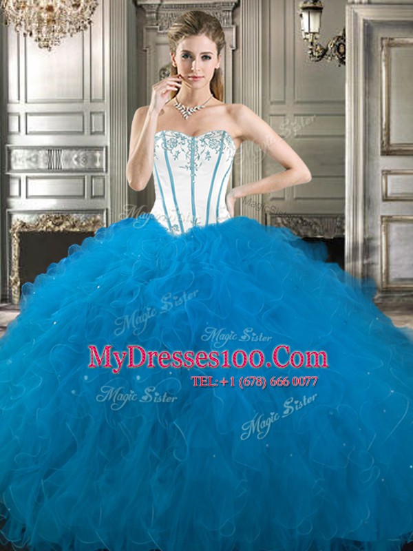 Three Piece Baby Blue Ball Gowns Tulle Sweetheart Sleeveless Embroidery and Ruffles Floor Length Lace Up Ball Gown Prom Dress