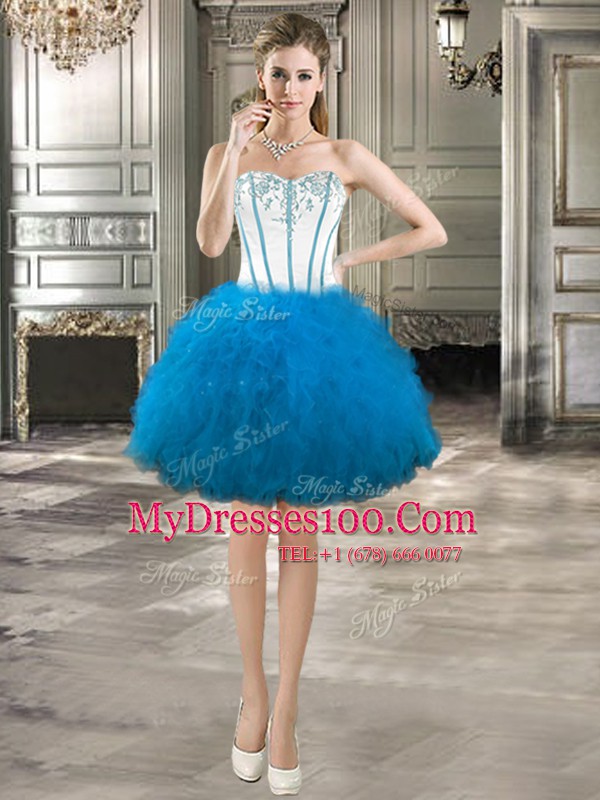 Three Piece Baby Blue Ball Gowns Tulle Sweetheart Sleeveless Embroidery and Ruffles Floor Length Lace Up Ball Gown Prom Dress