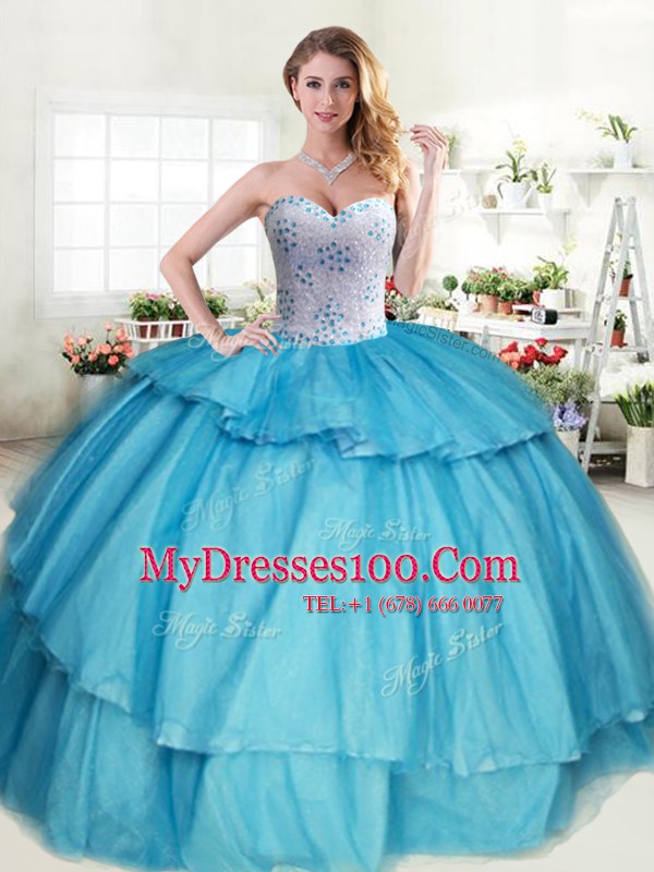 Fuchsia Tulle Lace Up Sweetheart Sleeveless Floor Length 15th Birthday Dress Beading and Ruffled Layers