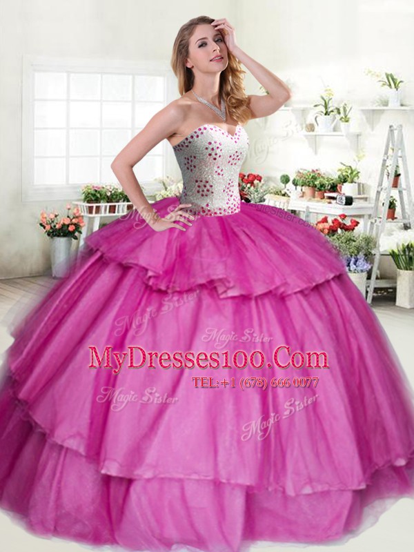 Fuchsia Tulle Lace Up Sweetheart Sleeveless Floor Length 15th Birthday Dress Beading and Ruffled Layers