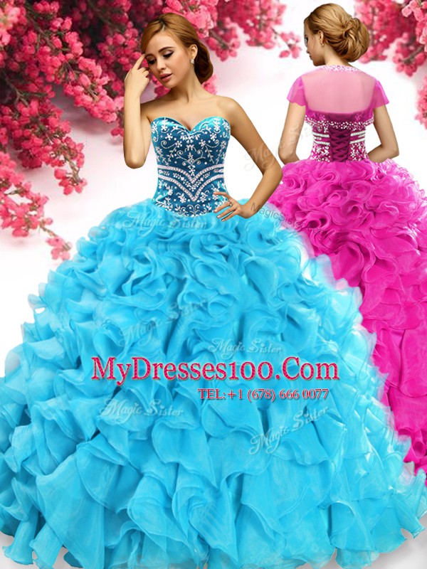 Hot Sale Sleeveless Floor Length Beading and Ruffles Lace Up Quinceanera Gowns with Aqua Blue