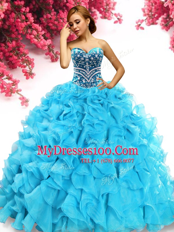 Hot Sale Sleeveless Floor Length Beading and Ruffles Lace Up Quinceanera Gowns with Aqua Blue