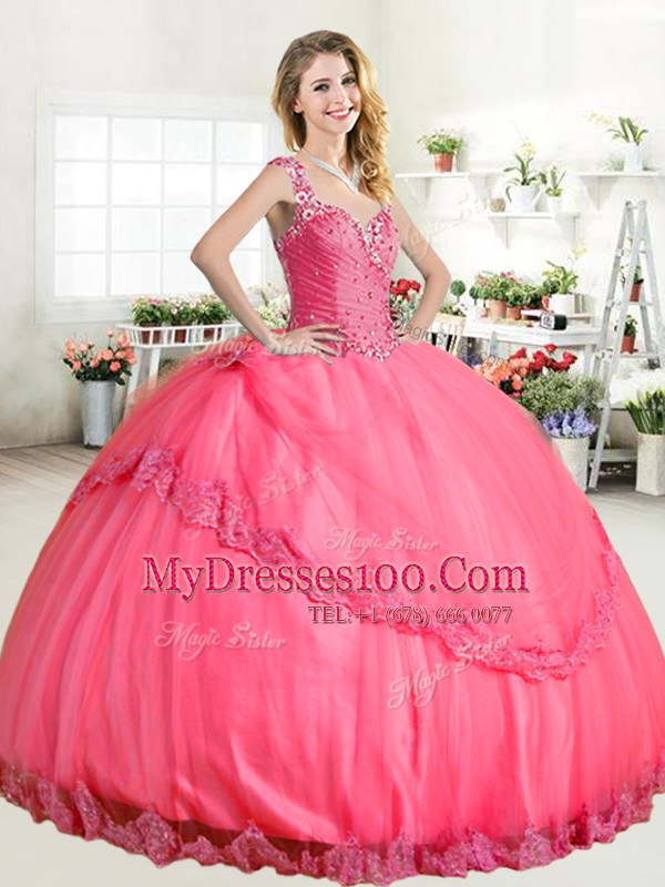 Gorgeous Halter Top Hot Pink Sleeveless Floor Length Beading and Appliques Lace Up Sweet 16 Dress