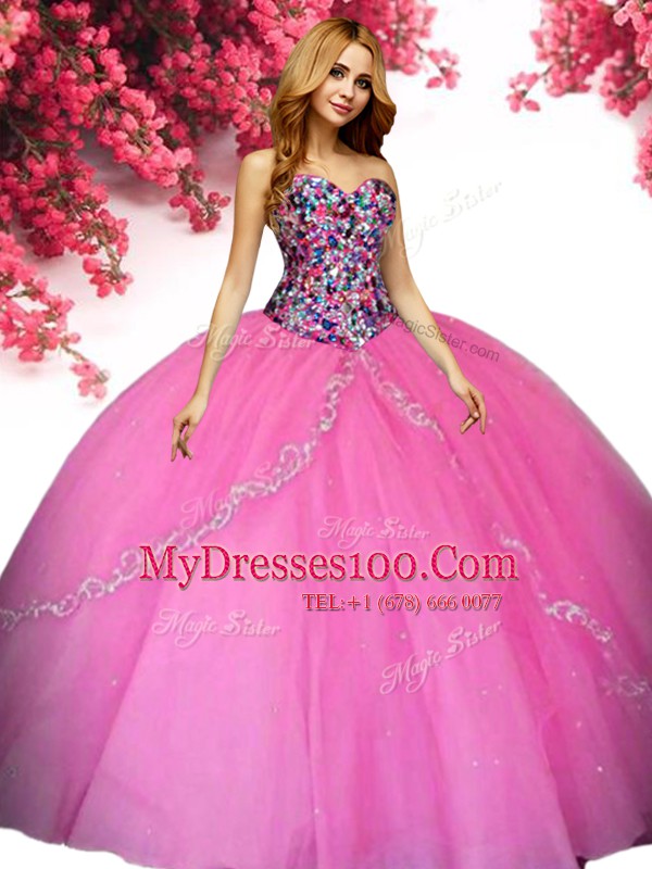 Hot Pink Lace Up Quinceanera Dress Beading Sleeveless Floor Length