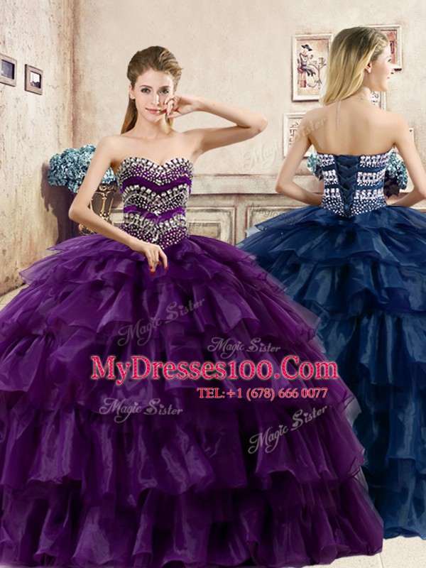 Purple Organza Lace Up Sweetheart Sleeveless Floor Length Quinceanera Gowns Beading and Ruffled Layers