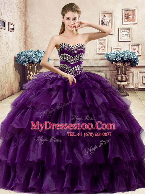 Purple Organza Lace Up Sweetheart Sleeveless Floor Length Quinceanera Gowns Beading and Ruffled Layers
