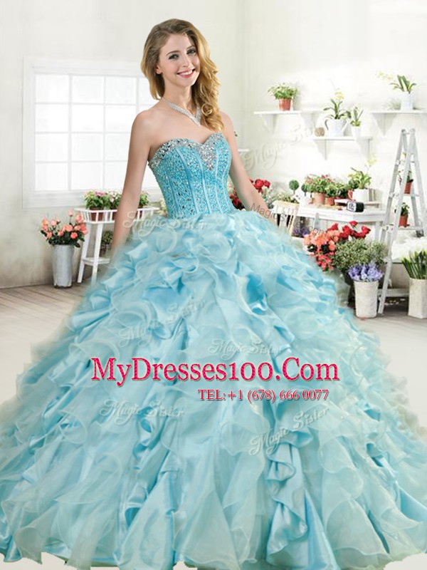High Quality Baby Blue Sleeveless Floor Length Beading and Ruffles Lace Up 15 Quinceanera Dress