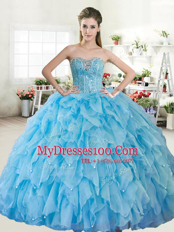Baby Blue Sleeveless Organza and Tulle Lace Up 15th Birthday Dress for Military Ball and Sweet 16 and Quinceanera