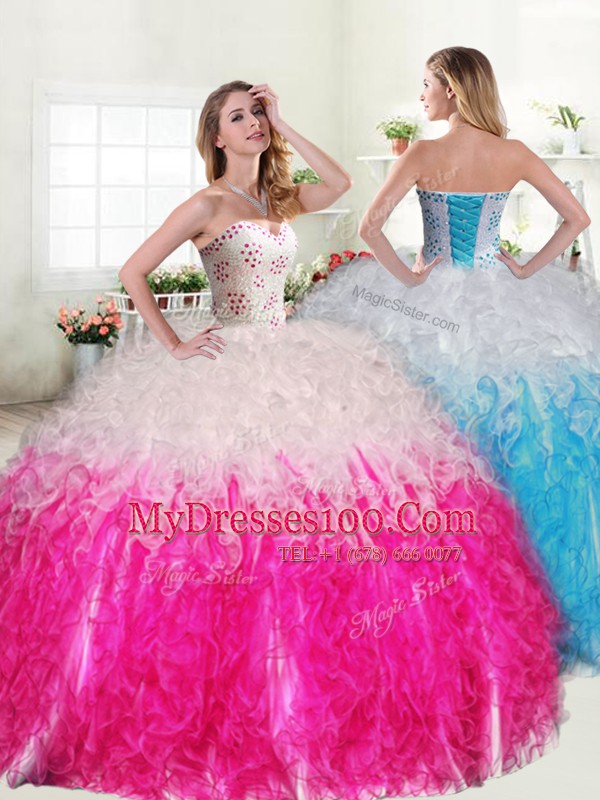 Noble Pink And White Organza Lace Up Ball Gown Prom Dress Sleeveless Floor Length Beading and Ruffles