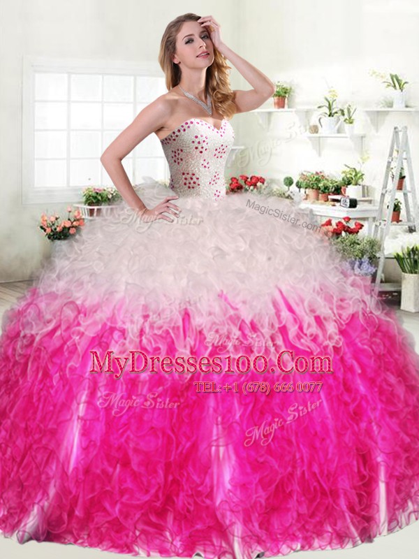 Noble Pink And White Organza Lace Up Ball Gown Prom Dress Sleeveless Floor Length Beading and Ruffles
