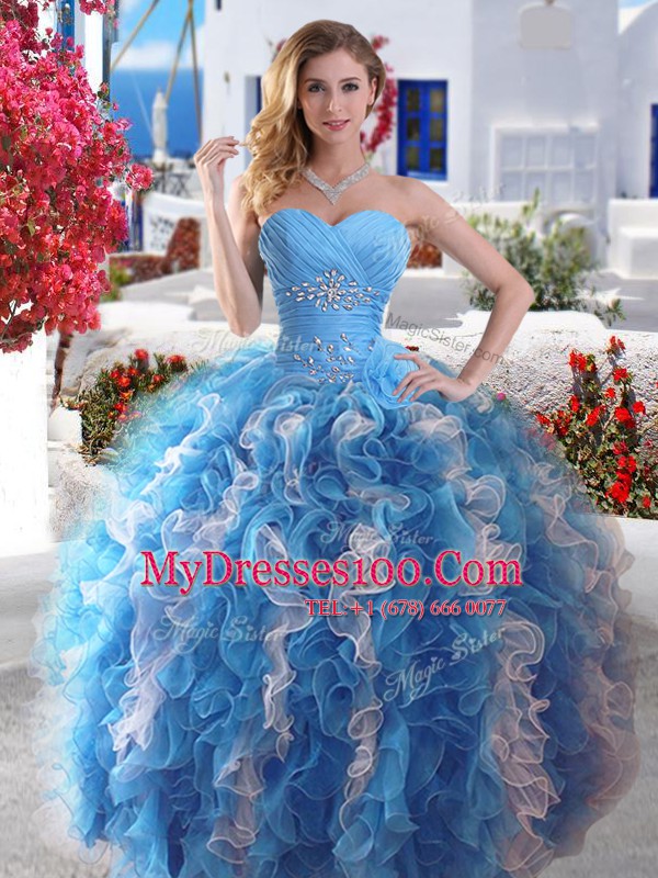 Four Piece Floor Length Blue And White Vestidos de Quinceanera Organza Sleeveless Beading