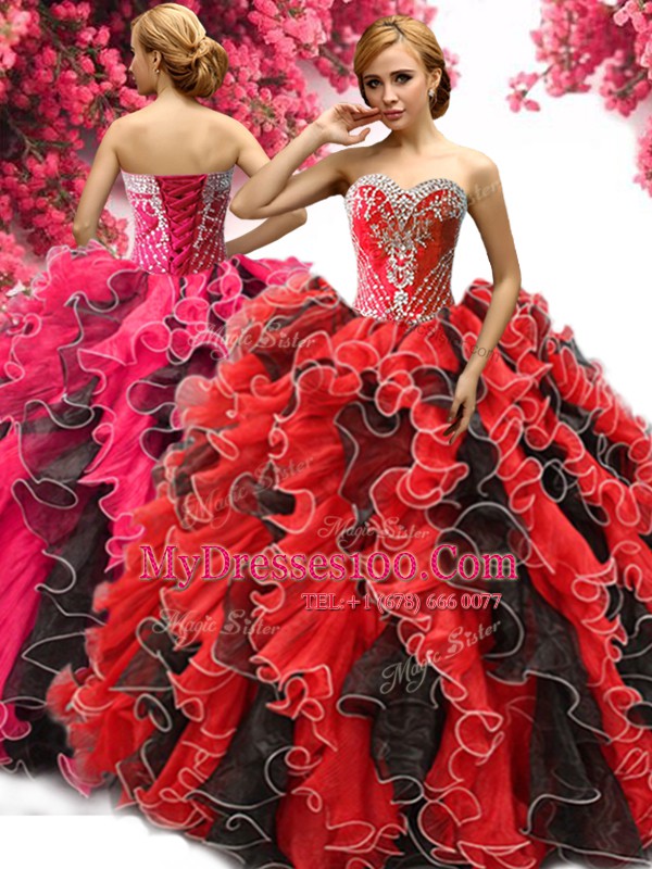 Fashionable Red And Black Organza Lace Up Vestidos de Quinceanera Sleeveless Floor Length Beading and Ruffles