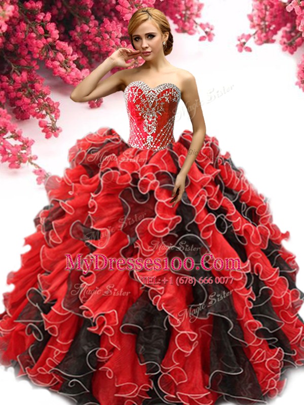 Fashionable Red And Black Organza Lace Up Vestidos de Quinceanera Sleeveless Floor Length Beading and Ruffles