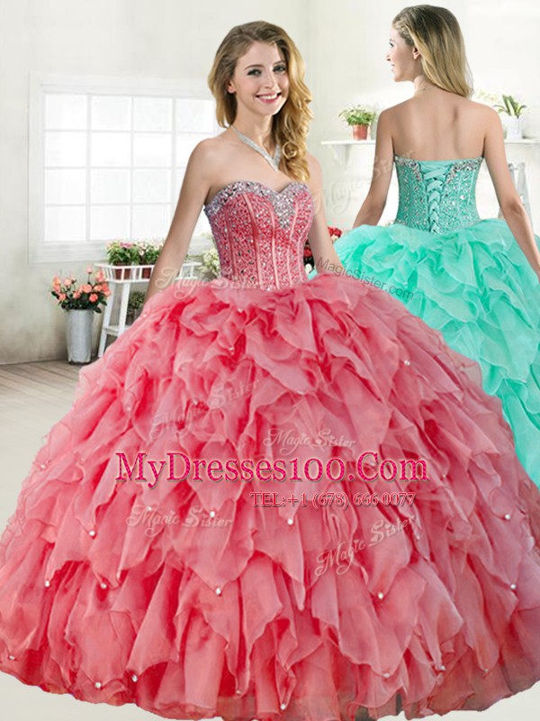 Watermelon Red and Coral Red Sweetheart Lace Up Beading 15 Quinceanera Dress Sleeveless