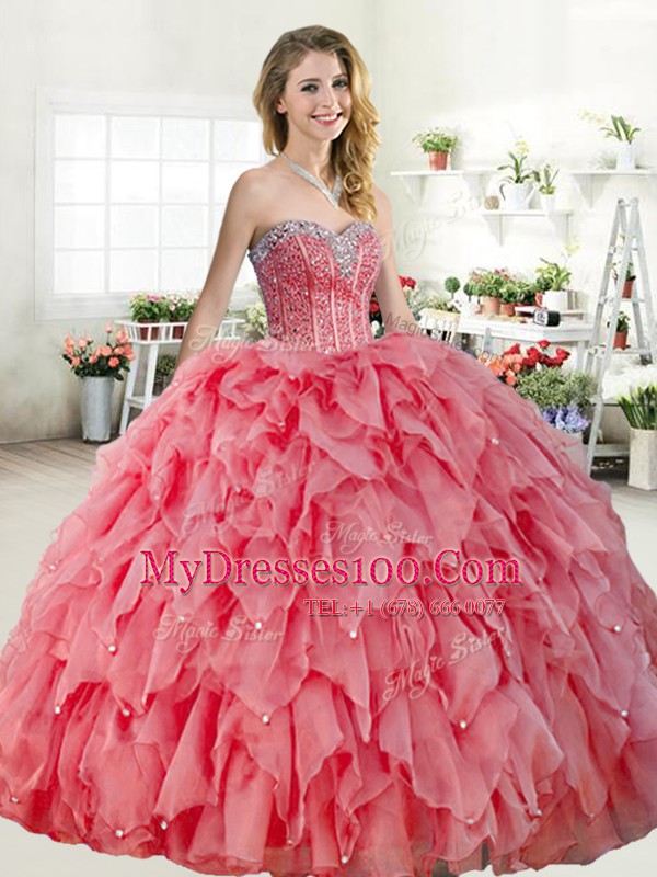 Watermelon Red and Coral Red Sweetheart Lace Up Beading 15 Quinceanera Dress Sleeveless