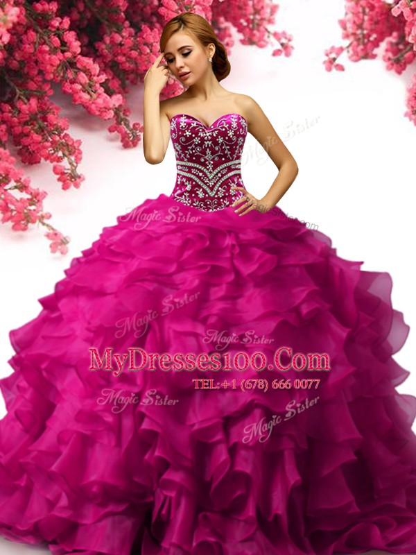 Fashionable Floor Length Lace Up 15 Quinceanera Dress Fuchsia for Military Ball and Sweet 16 and Quinceanera with Beading and Ruffles