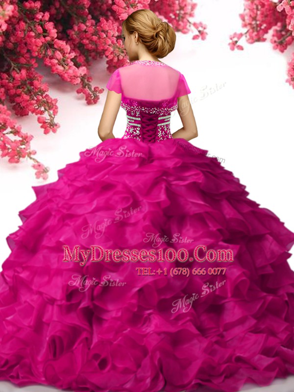 Fashionable Floor Length Lace Up 15 Quinceanera Dress Fuchsia for Military Ball and Sweet 16 and Quinceanera with Beading and Ruffles