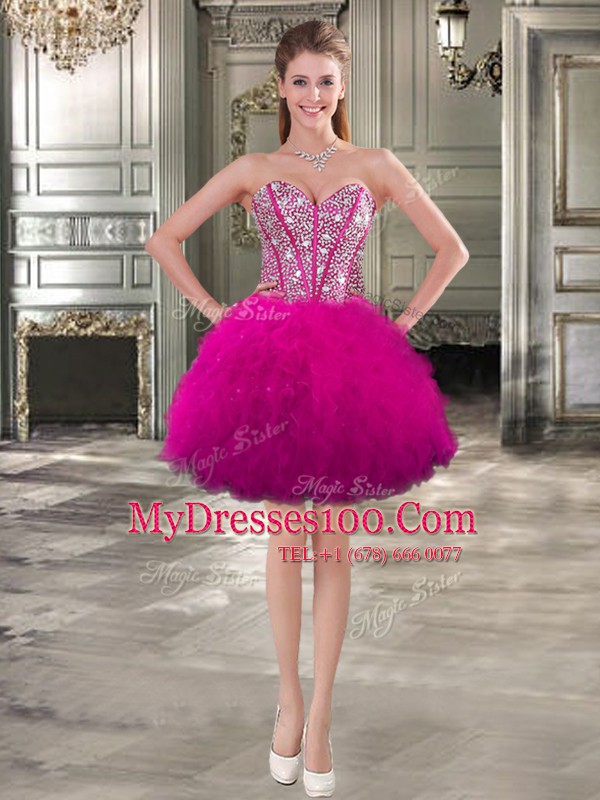 Three Piece Fuchsia Ball Gowns Sweetheart Sleeveless Tulle Floor Length Lace Up Beading and Ruffles Vestidos de Quinceanera