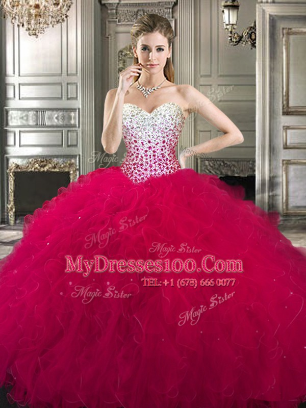 Four Piece Floor Length Hot Pink 15 Quinceanera Dress Sweetheart Sleeveless Lace Up