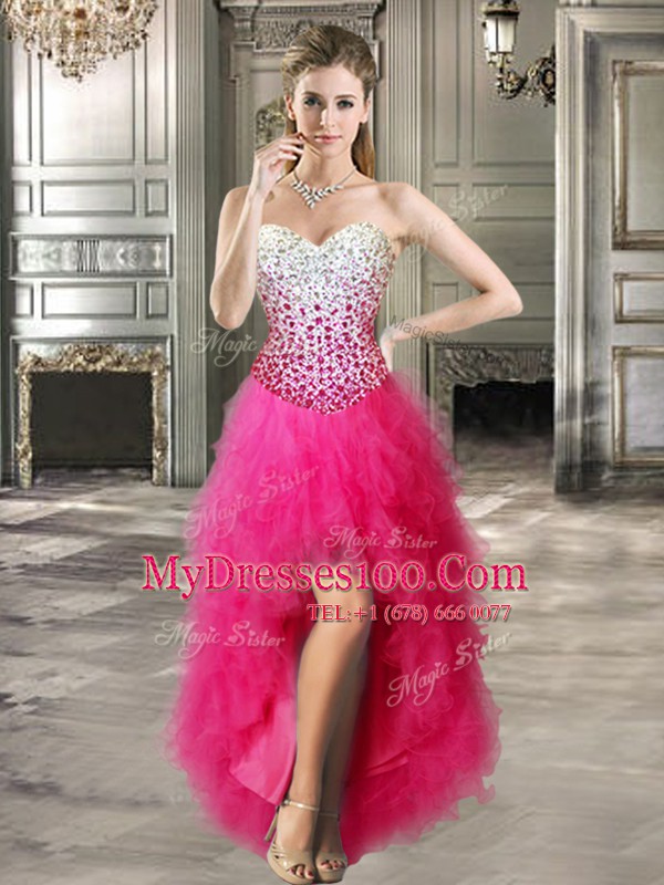 Four Piece Floor Length Hot Pink 15 Quinceanera Dress Sweetheart Sleeveless Lace Up
