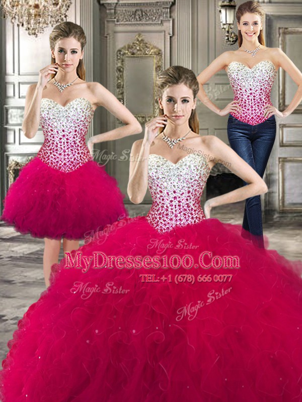 Three Piece Floor Length Hot Pink 15 Quinceanera Dress Sweetheart Sleeveless Lace Up