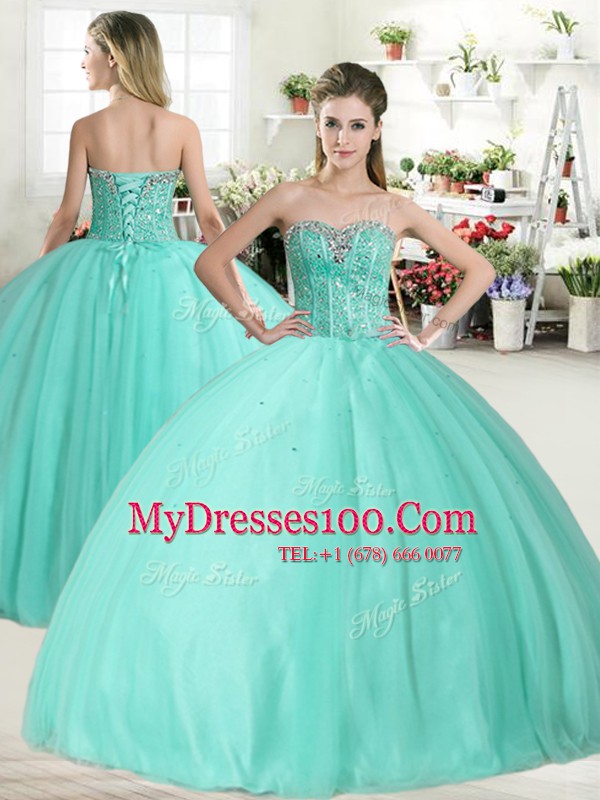 Fine Tulle Sleeveless Floor Length 15th Birthday Dress and Beading