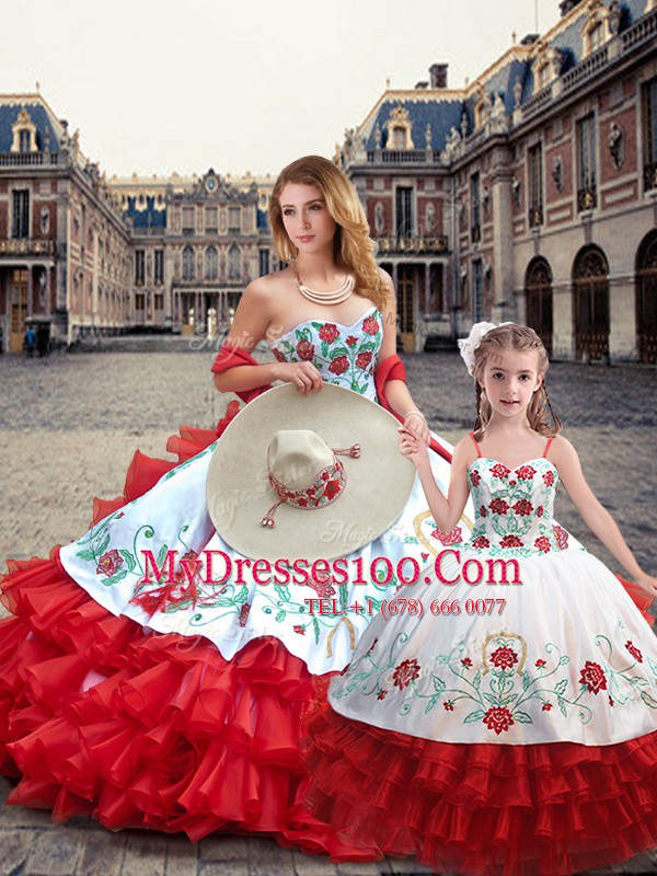Latest White And Red Sleeveless Floor Length Embroidery Lace Up Sweet 16 Dress
