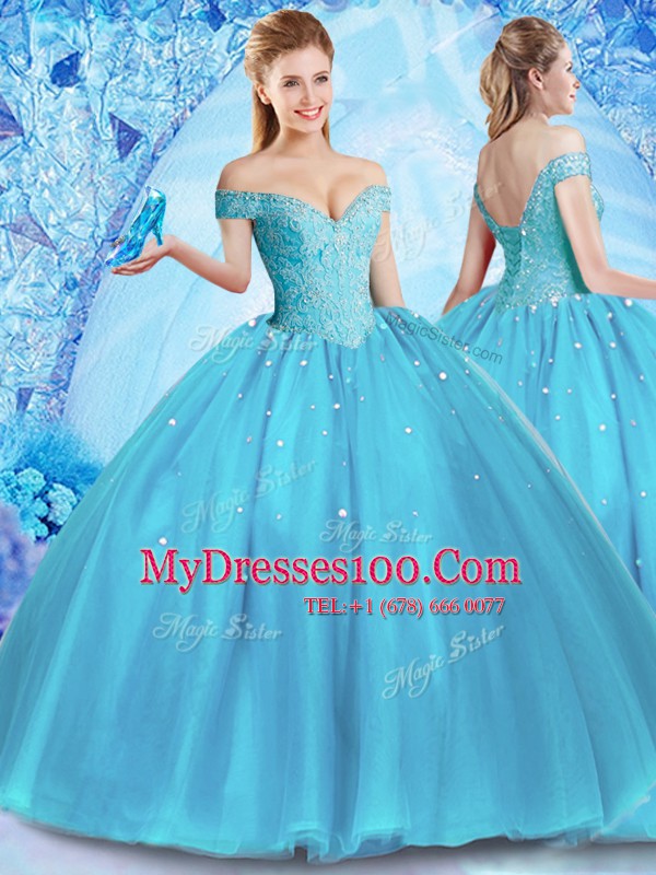 Off the Shoulder Baby Blue Sleeveless Tulle Lace Up 15 Quinceanera Dress for Military Ball and Sweet 16 and Quinceanera