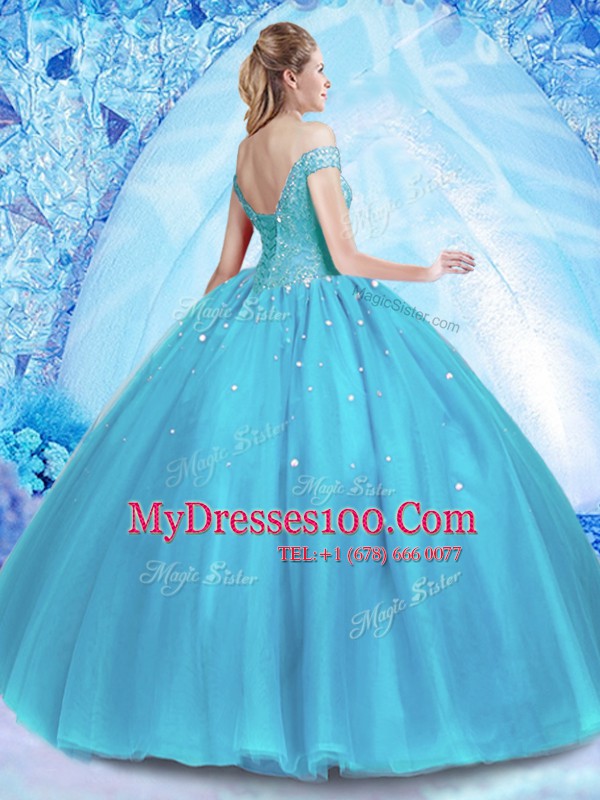 Off the Shoulder Baby Blue Sleeveless Tulle Lace Up 15 Quinceanera Dress for Military Ball and Sweet 16 and Quinceanera