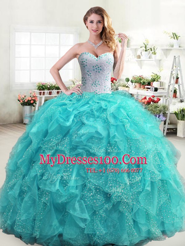 Exquisite Organza Sweetheart Sleeveless Lace Up Beading and Ruffles Sweet 16 Dress in Aqua Blue