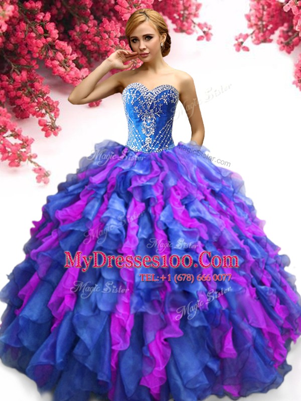 Deluxe Multi-color Organza Lace Up 15th Birthday Dress Sleeveless Floor Length Beading and Ruffles
