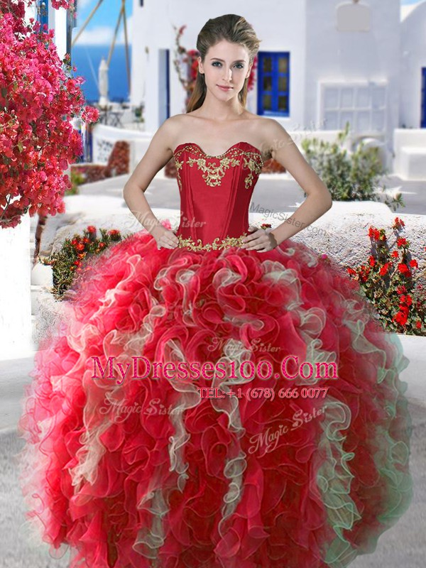 Low Price Three Piece Floor Length Red Quinceanera Gown Organza Sleeveless Beading