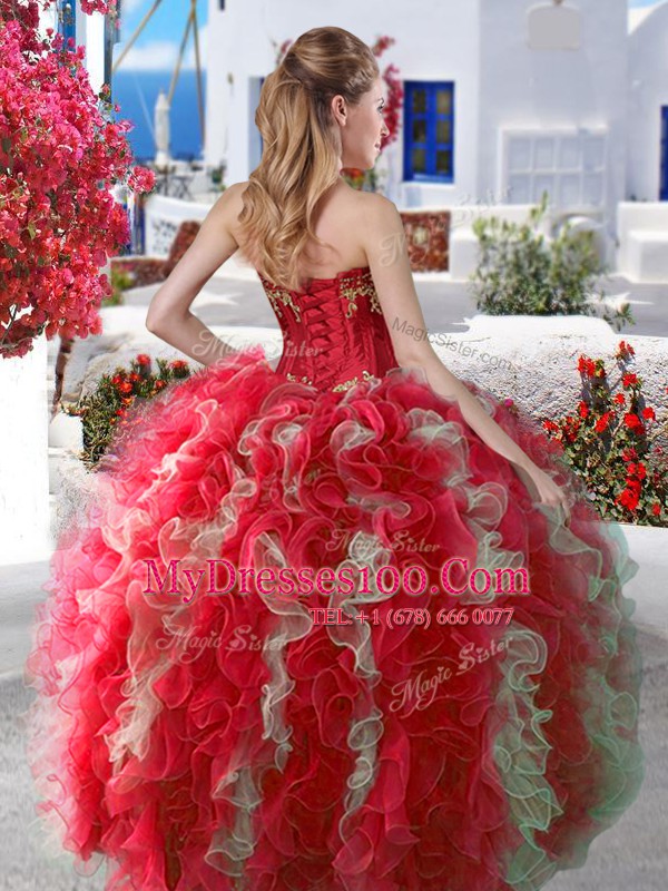 Low Price Three Piece Floor Length Red Quinceanera Gown Organza Sleeveless Beading