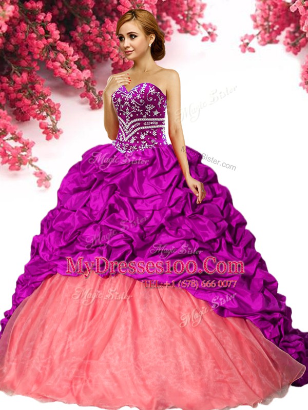 Admirable Sleeveless Brush Train Beading and Pick Ups Lace Up Quinceanera Gown
