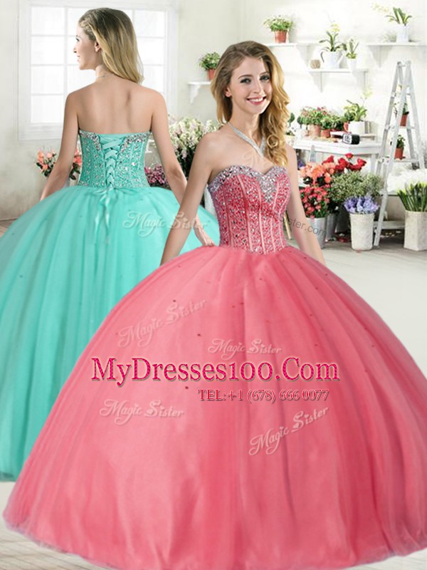 Edgy Pink Ball Gowns Tulle Sweetheart Sleeveless Beading Floor Length Lace Up Quince Ball Gowns