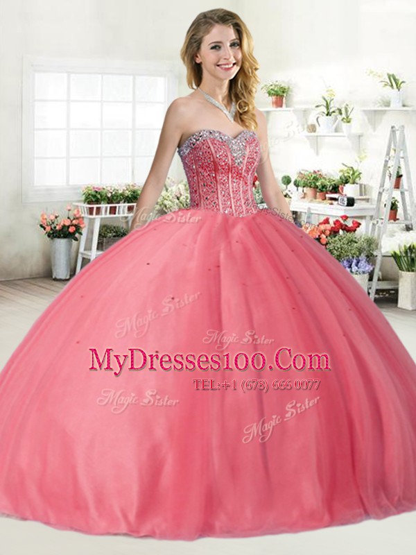 Edgy Pink Ball Gowns Tulle Sweetheart Sleeveless Beading Floor Length Lace Up Quince Ball Gowns