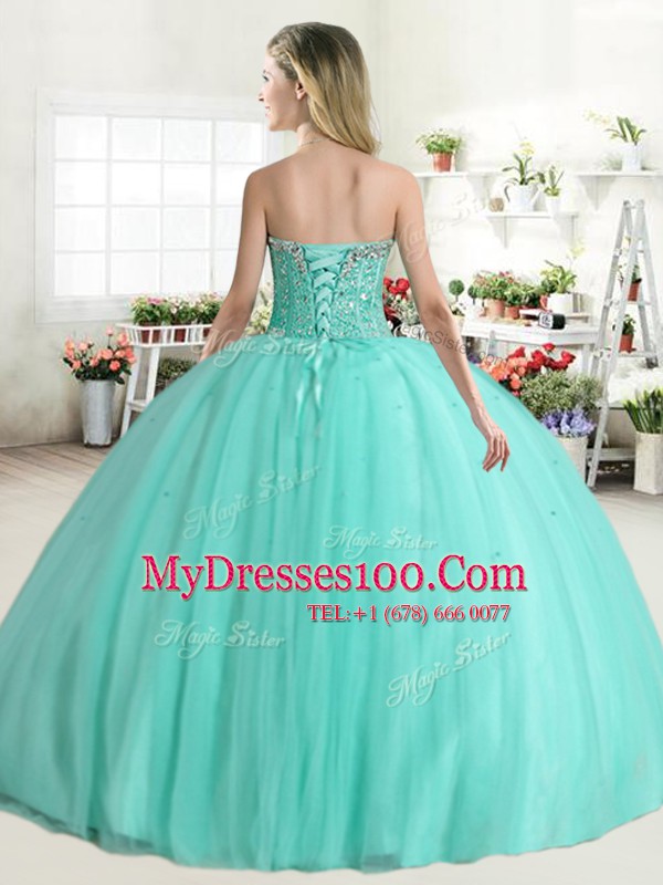 Edgy Pink Ball Gowns Tulle Sweetheart Sleeveless Beading Floor Length Lace Up Quince Ball Gowns