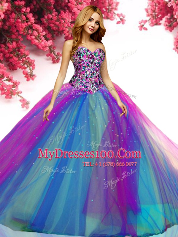 Clearance Floor Length Multi-color 15th Birthday Dress Tulle Sleeveless Beading
