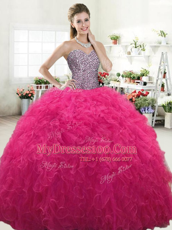 Dazzling Sleeveless Tulle Floor Length Lace Up 15 Quinceanera Dress in Hot Pink with Beading and Ruffles