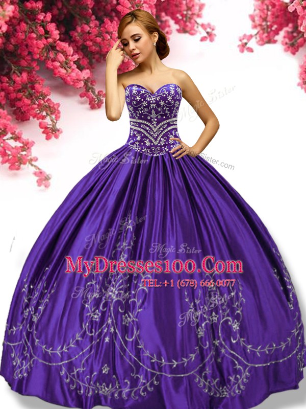Dynamic Purple Taffeta Lace Up Sweet 16 Dress Sleeveless Floor Length Embroidery