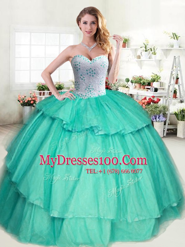 New Arrival Apple Green Ball Gowns Sweetheart Sleeveless Tulle Floor Length Lace Up Beading and Ruffled Layers Quinceanera Dresses