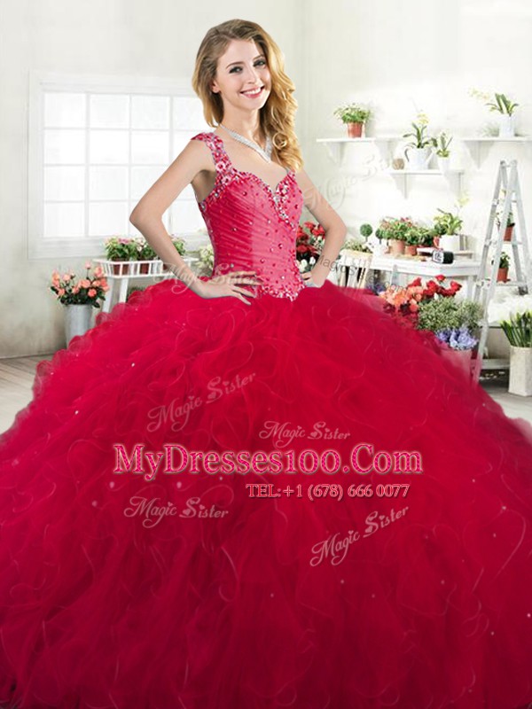 Delicate Straps Red Sleeveless Tulle Zipper Quinceanera Gowns for Military Ball and Sweet 16 and Quinceanera