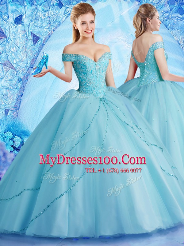 Off The Shoulder Sleeveless Brush Train Lace Up Quinceanera Gown Aqua Blue Tulle