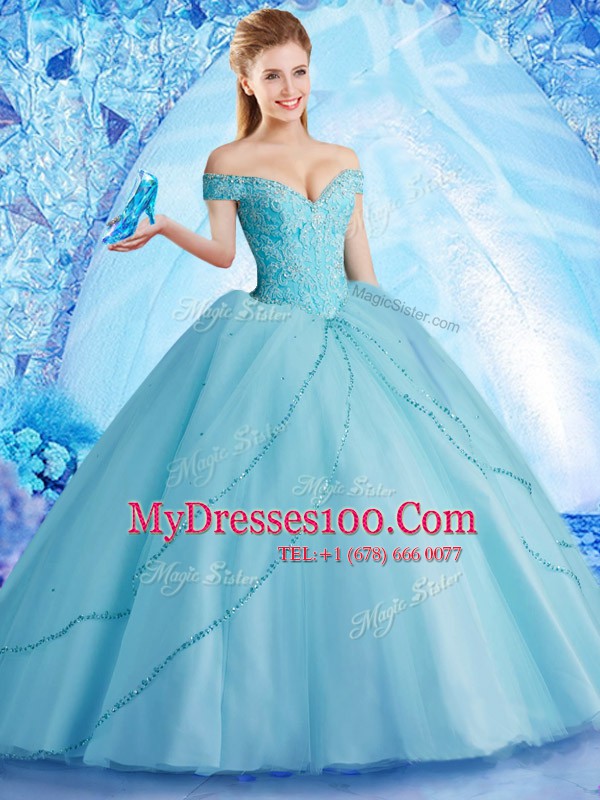 Off The Shoulder Sleeveless Brush Train Lace Up Quinceanera Gown Aqua Blue Tulle