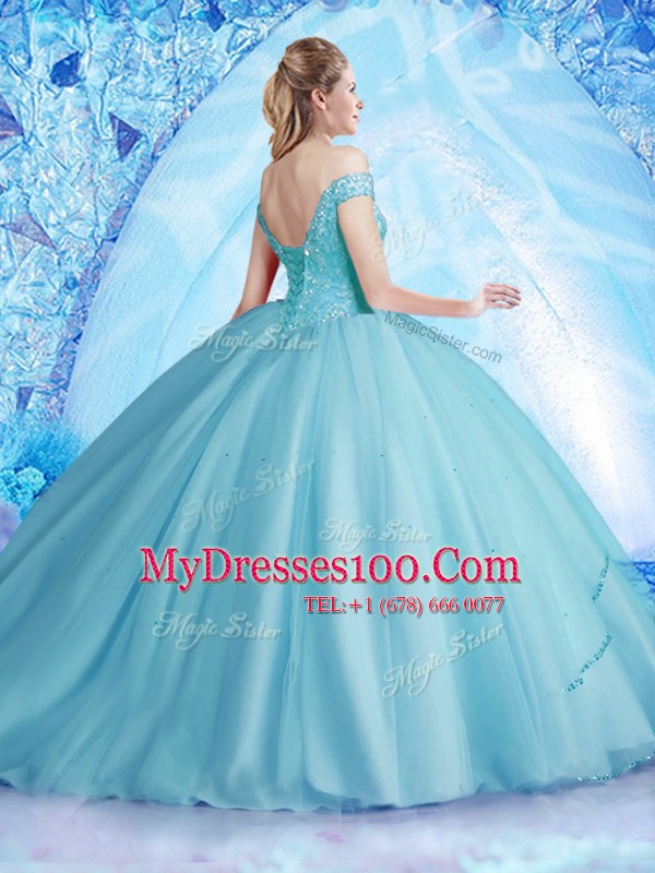 Off The Shoulder Sleeveless Brush Train Lace Up Quinceanera Gown Aqua Blue Tulle