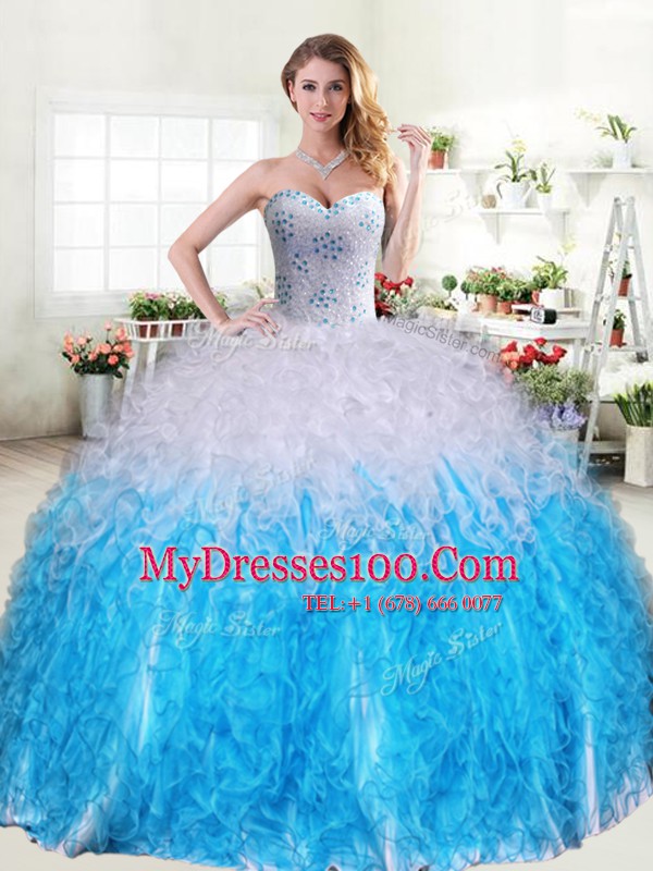 Blue And White Organza Lace Up Sweetheart Sleeveless Floor Length Sweet 16 Dress Beading and Ruffles