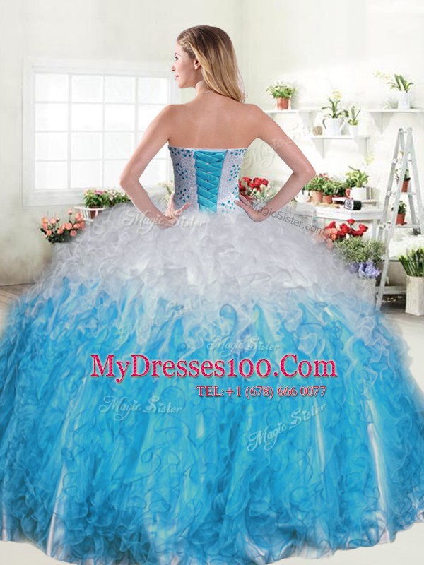 Blue And White Organza Lace Up Sweetheart Sleeveless Floor Length Sweet 16 Dress Beading and Ruffles