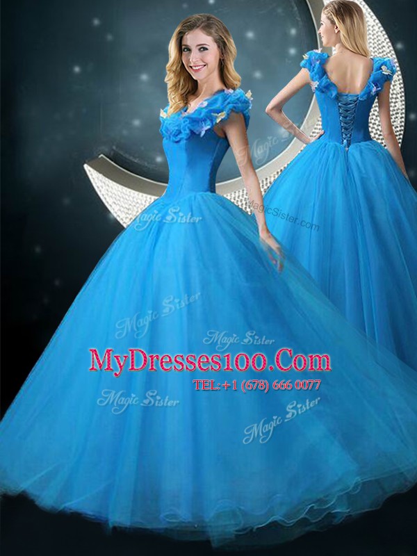 Ball Gowns Sweet 16 Dresses Blue V-neck Tulle Cap Sleeves Floor Length Lace Up